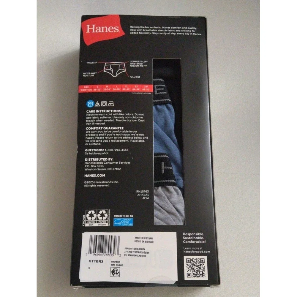Hanes Men’s Cotton Stretch Briefs - Black, Gray, Blue 3-Pack New Size S 28